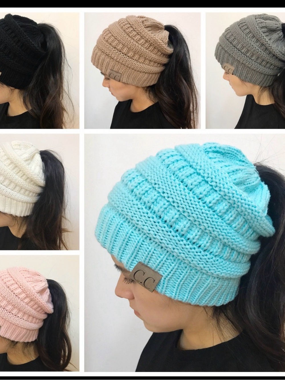 C.C Kids Ponytail Beanie - Light Blue, Pink, Cream, Gray, Brown, Black